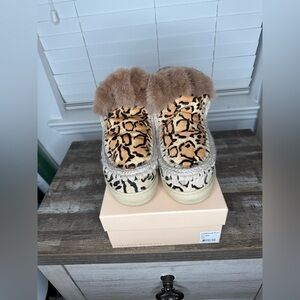 Mou Leopard Print Ankle Boots with Fur Trim